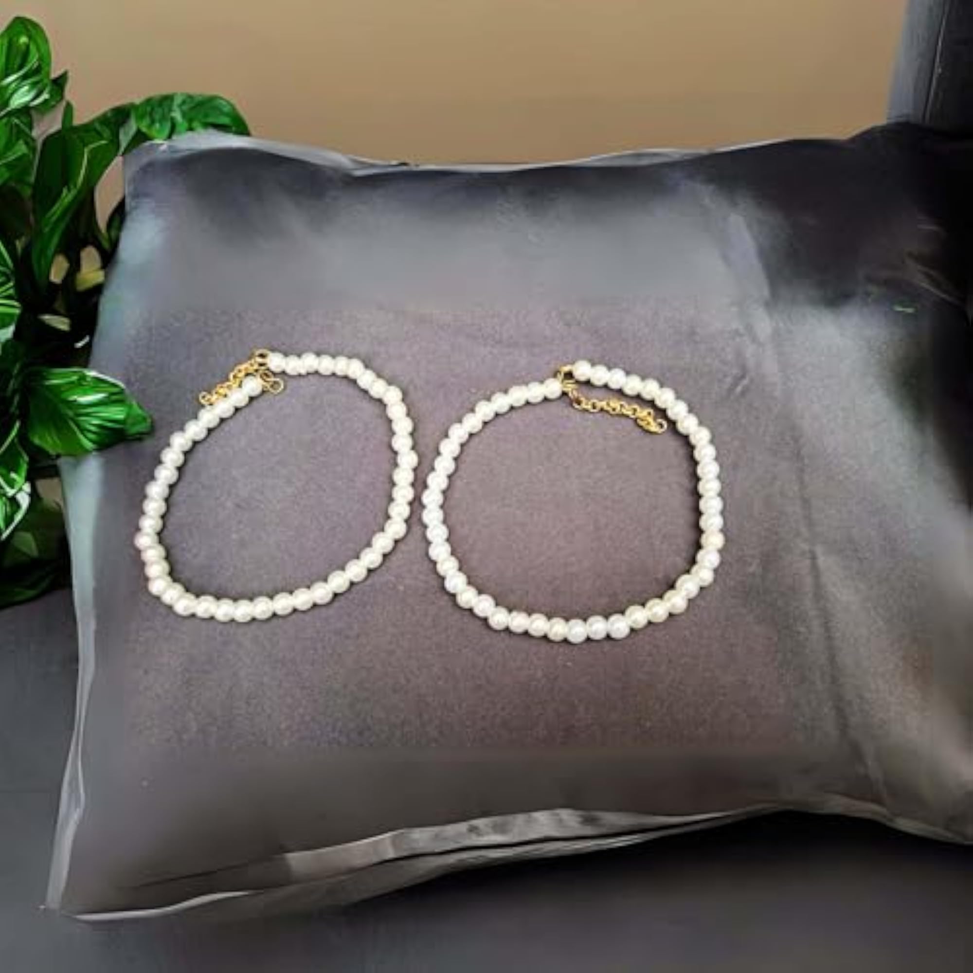 Pack of 2 Women's White Stone Stud Brass Anklets